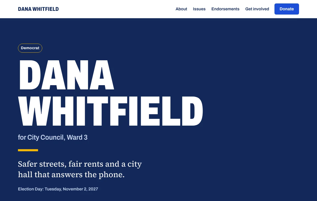 An example Yardsign campaign site with the candidate's name in large type, a donate button and a sign-up link